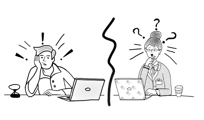 A cartoon drawing of two people sitting at laptops and displaying a range of emotions. A zigzag line between them indicates a disconnect in their communication.