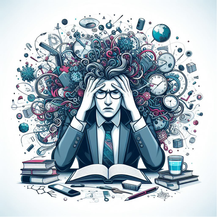 Cartoon graphic of a supervisor in a suit and tie and sitting at a desk. The supervisor's head is exploding with ideas, concerns, and ticking clocks. 